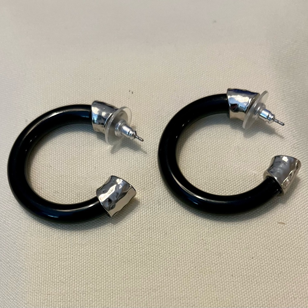Black and Silver Hoop Earrings - Picture 3 of 16